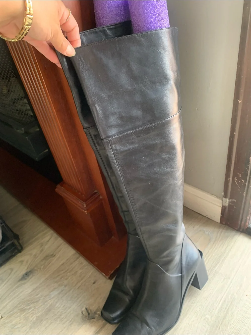 Classic Black Over-the-Knee Leather Block Heel Boots